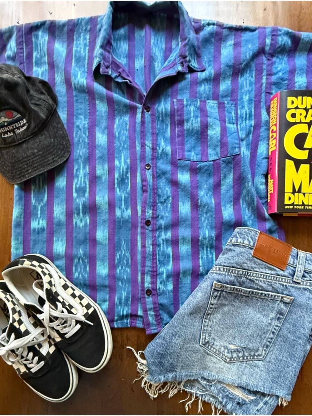 Granola Girl Outdoor 90s Striped Short-Sleeve Button-Up Blue and Purple